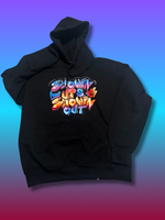 90’s Edition Showin Up & Showin Out hoodie displayed front-facing, featuring bold retro color-block graphics and vibrant 90’s lettering.
