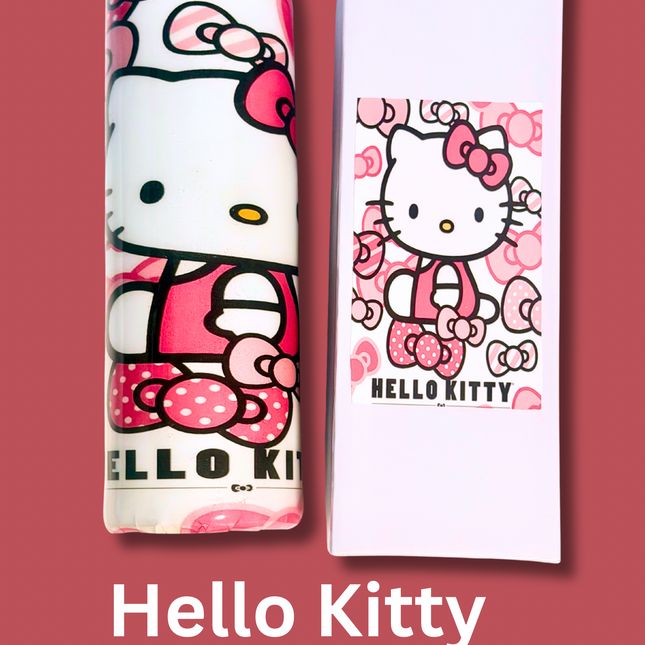 Hello Kitty 20oz stainless steel tumbler featuring a pink Hello Kitty design with bows and hearts, glossy finish with a strip of rhinestones to accent its design, and clear lid with straw included.Clear image of face