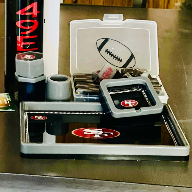  49ers custom resin tray set bundle featuring matching dominoes and tumbler in red, grey, and black. Bold team colors with high-gloss finish.