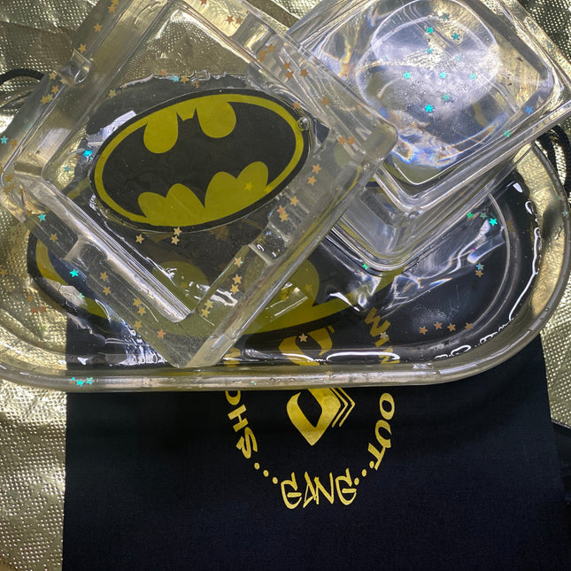 Custom Batman tray set with black and yellow design and gold flakes
