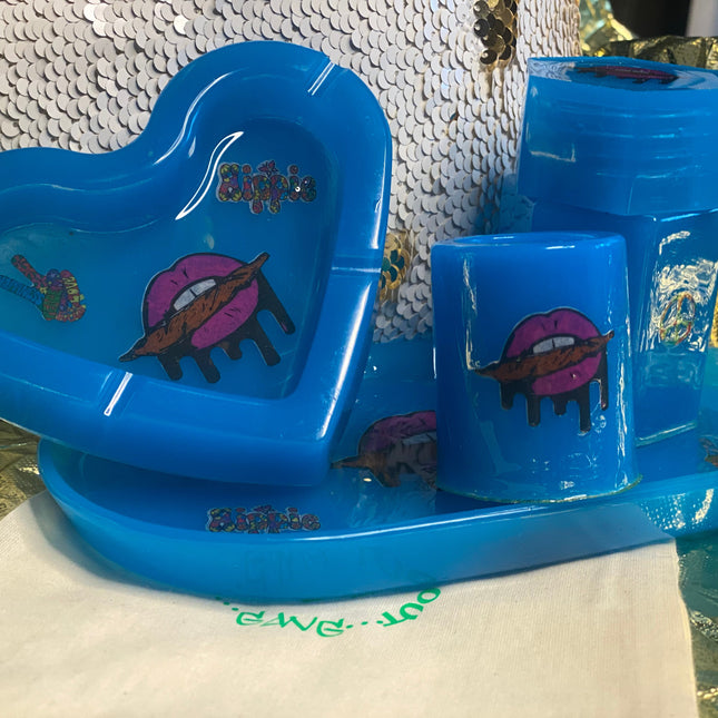 Boho rolling tray with peace signs and mushroom artwork