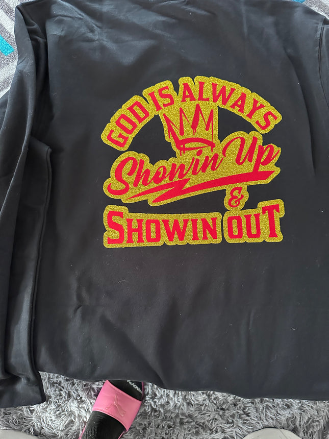 Black,Red and Gold God Is always Showin Out Crewnecks