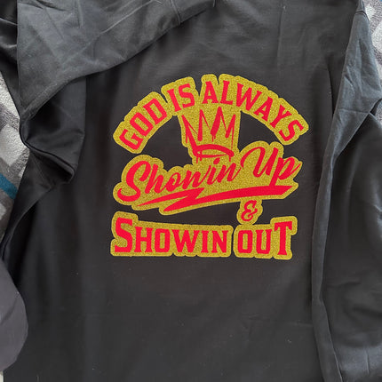 Black,Red and Gold God Is always Showin Out Crewnecks
